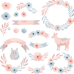 Adorable floral design elements with a sweet deer and bunny illustration in pastel pink and blue hues for spring