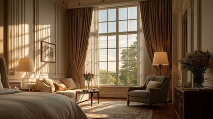 Fototapeta premium Modern minimalist hotel room with large bed, beige walls and curtains, wide-angle view, soft lighting and warm tones creating elegant and comfortable interior atmosphere