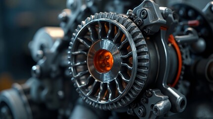 Close up view of a complex metal mechanism with an orange glowing center in a dark environment