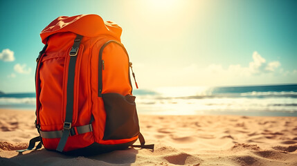 Escape to Adventure: A vibrant orange backpack sits gracefully on a sun-kissed beach, embodying the spirit of wanderlust and a call to outdoor exploration.