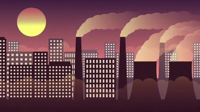 city silhouette with industry air pollution smog and noxious gas emission illustrated animation