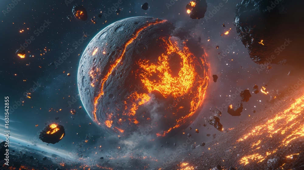 Poster fiery planet exploding in space with debris and fire.