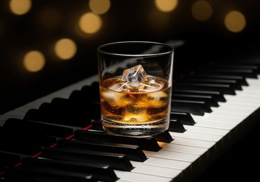 Glass of whiskey with ice on a piano keyboard with bokeh lights - Powered by Adobe