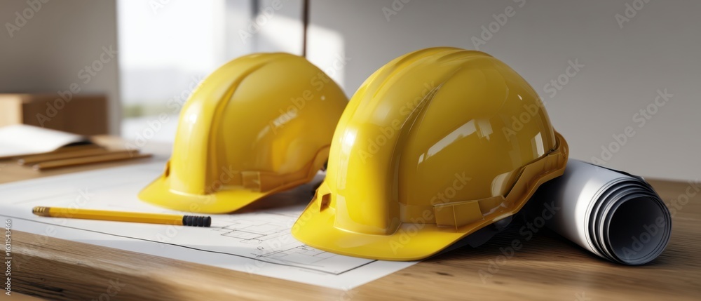 Poster the two yellow hard hats on a blueprint in an architectural workspace.