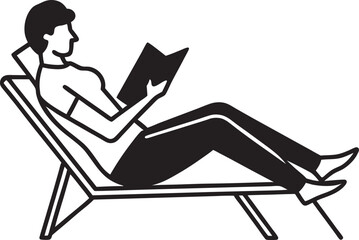 Woman Relaxing in Deck Chair Reading a Book Black and White Illustration