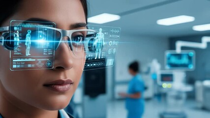 Indian female doctor using smart glasses with digital health interface - Powered by Adobe