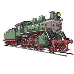 Fototapeta premium Detailed vector illustration of a vintage green steam locomotive, showcasing its intricate mechanical details and classic design elements