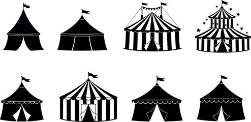 Circus tent silhouettes collection, black and white vector, perfect for carnival posters, festival invitations, graphic design, decoration, event themes