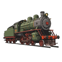 Fototapeta premium Illustration of a Vintage Steam Train Engine on the Railroad Tracks with Detailed Caricature Style and Green Tones, Showing Transportation