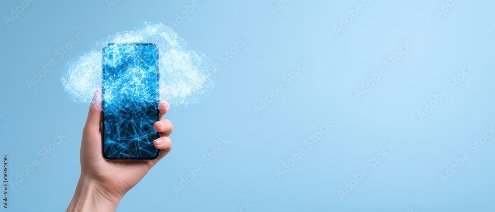 Poster the smartphone displaying a futuristic digital connection concept in a modern setting.