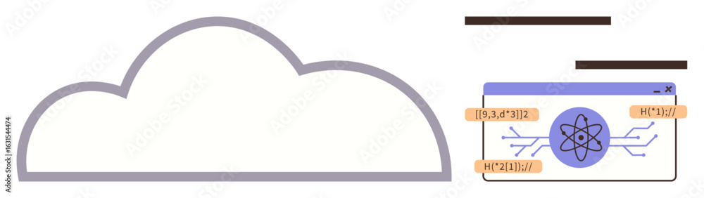 Poster cloud outline next to a digital interface window featuring an atomic icon and data labels. ideal for