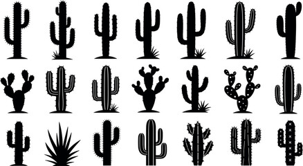 Collection of cactus silhouettes in various shapes, desert plant vector, botanical illustration, black graphic, nature design, succulent, spiky flora