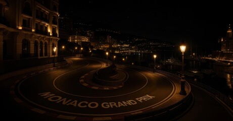 Night view of hairpin turn on Monaco Grand Prix circuit, illuminated by streetlights, with harbor and city lights in background. Concept of sport, race, competition.