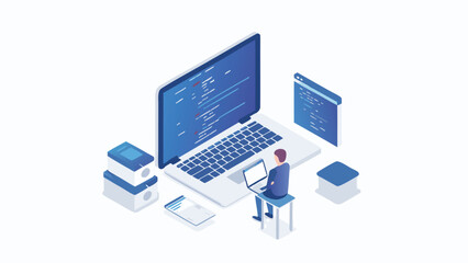 Isometric view of a developer coding on a laptop with additional screens and documents around him