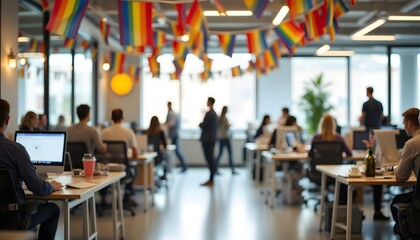 A softly focused image portrays an open plan office space adorned with vibrant rainbow colored decorations