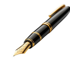 Elegant black fountain pen with gold accents, a symbol of luxury, writing on transparent background