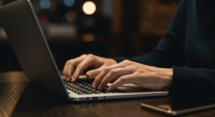Close up of hands typing on a laptop with a smartphone nearby