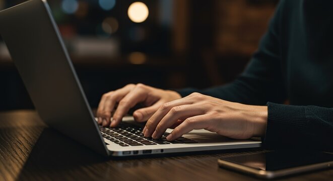 Close up of hands typing on a laptop with a smartphone nearby