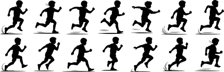 Silhouettes of children running, dynamic motion stages, perfect for fitness, sports, activity themes, energetic designs, exercise, movement, outdoor concepts