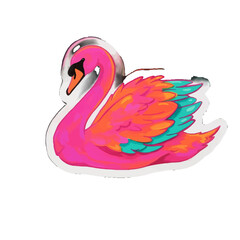 Fototapeta premium Vibrant illustration of a swan with bright pink body and colorful wings, showcasing artistic design and elegant bird depiction in white background