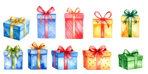 Watercolor Clipart of Boxes with New Year's Gifts, Wrapped in Paper and Tied with Ribbons Isolated on White Background. AI generated. Set of Drawn Elements.