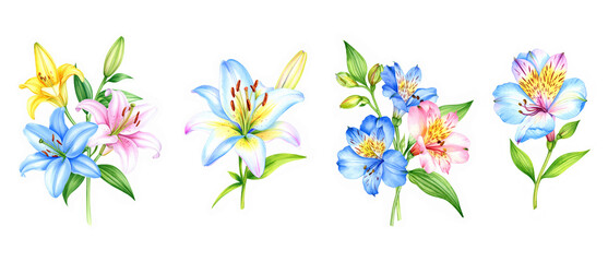 Watercolor Clipart of Lilies and Alstroemerias of Unusual Colors Isolated on White Background. AI generated. Set of Drawn Elements.