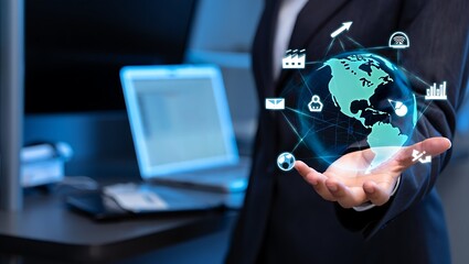 Global Business Connection Concept with Globe and Icons Held by Businessperson in Modern Office Setting Featuring Laptop and Advanced Technology