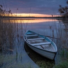Obraz premium Serene Small Rowboat Resting in Calm Lake During Sunset with Reflective Water and Reeds