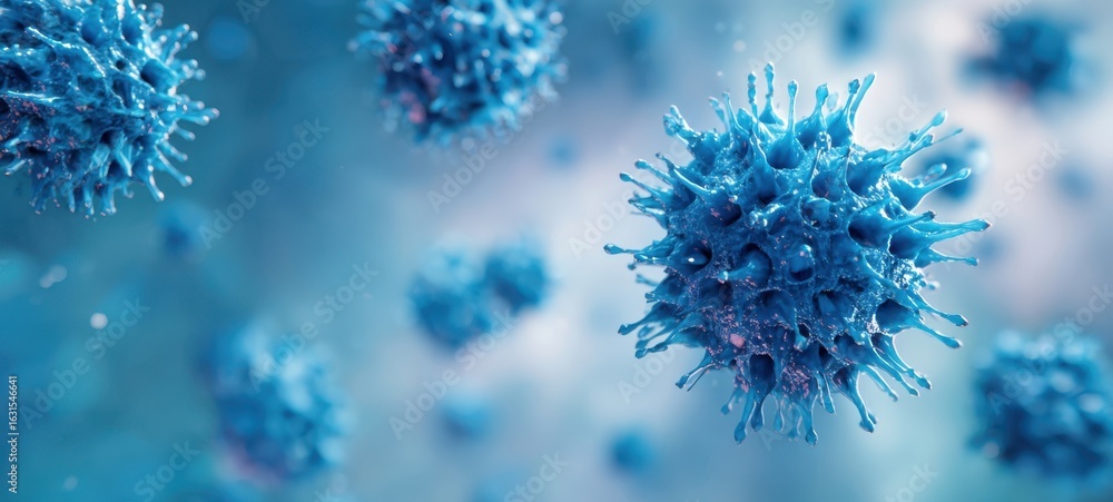Poster the microscopic view of a blue virus cluster in a digital environment.