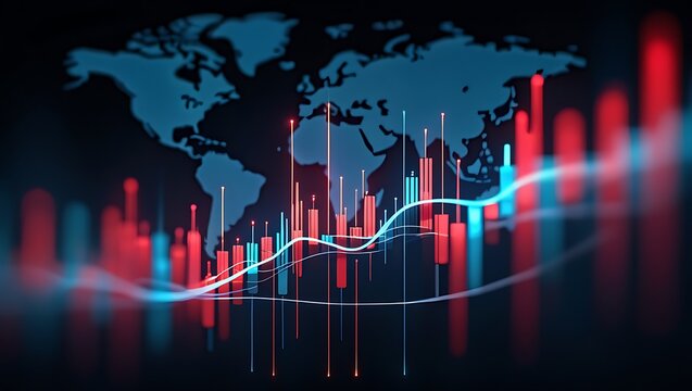 Global market analysis with world map and economic indicators for investment opportunities showcasing data visualization and technological progress for financial success