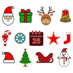Christmas Icon Set Santa Snowman Gifts Tree and Festive Ornaments