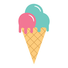 A flat design icon of a two-scoop ice cream cone in pink and blue, ideal for dessert shops, food blogs, or summer-themed content