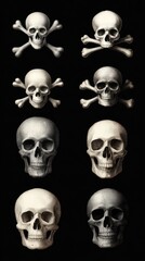 Skulls and crossbones in a detailed illustration showcasing various skull designs on a dark background