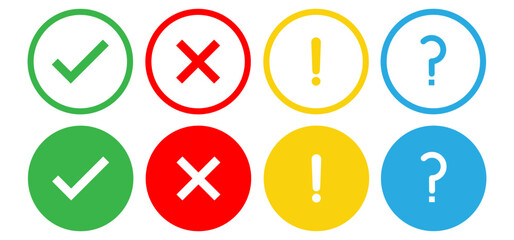 Check list vector icon set in different colour. Tick, cross, exclamation point or question marks sign symbol. True and false, yes or no sign symbol. Vector illustration