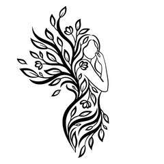 Fototapeta premium Line art of a woman with floral and leafy elements, representing beauty, nature, personal growth, wellness, and feminine energy.