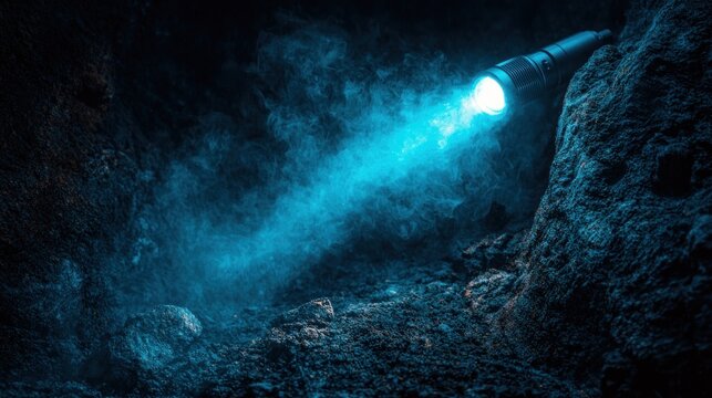 A flashlight beam illuminates a dark cave