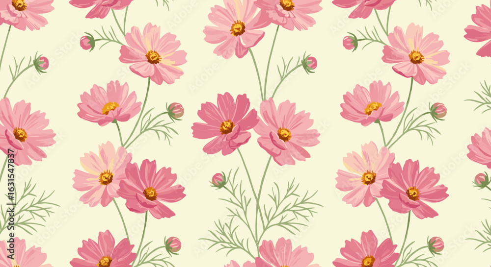 Poster seamless botanical vector pattern featuring cosmos flowers in full bloom with delicate stems and bud
