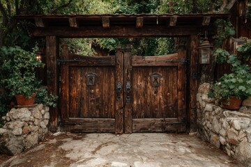 Fototapeta premium Rustic Wooden Gate Entrance Charming Architecture Vintage Detail Outdoor D cor Landscape Design and Natural Light Stone
