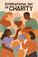 International Day of Charity Poster: Diverse individuals uniting in the spirit of charity on International Day of Charity, exchanging a symbol of love