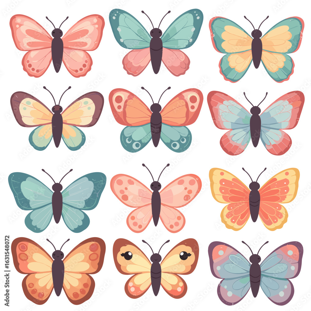 Poster collection of colorful butterflies with diverse wing patterns in a whimsical and vibrant vector illu