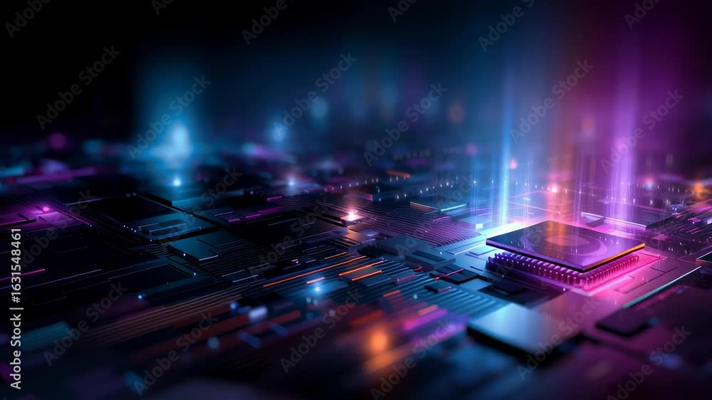 Poster a futuristic abstract technology background with neon lights and glowing circuit lines