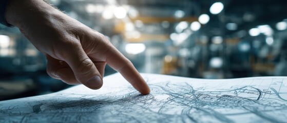 The hand pointing at a detailed map in an industrial workspace setting.
