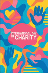International Day of Charity Poster: Colorful Hands Holding a Heart for International Day of Charity, Vibrant Abstract Art with Hearts and Hands in Blue, Pink, and Yellow