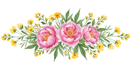 Watercolor floral arrangement with pink peonies and yellow wildflowers creates a serene and elegant design