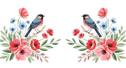 Two charming birds perch among vibrant floral arrangements in a delightful symmetrical composition, perfect for spring