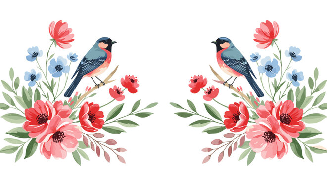 Two charming birds perch among vibrant floral arrangements in a delightful symmetrical composition, perfect for spring