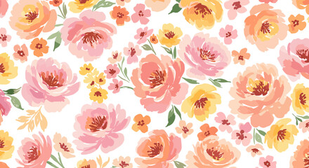 Seamless watercolor floral pattern featuring peach, pink, and yellow roses with small blossoms on a white background, creating a soft and elegant design