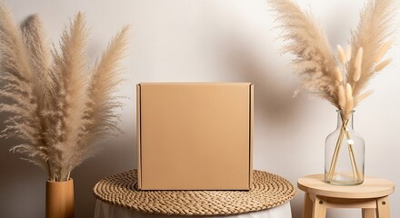 Minimalist aesthetic cardboard box for product display with decorative pampas grass creating a warm inviting ambiance for brand promotion