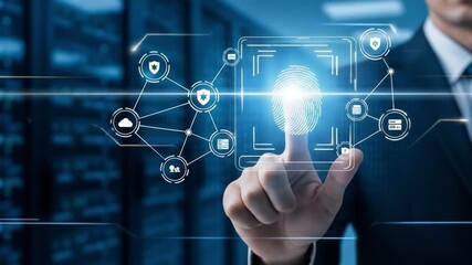 Mans fingerprint scanning on a futuristic digital interface with network security icons in a server room - Powered by Adobe