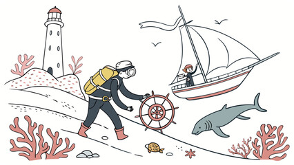 3d icon of diver at helm near lighthouse, shark and sailboat